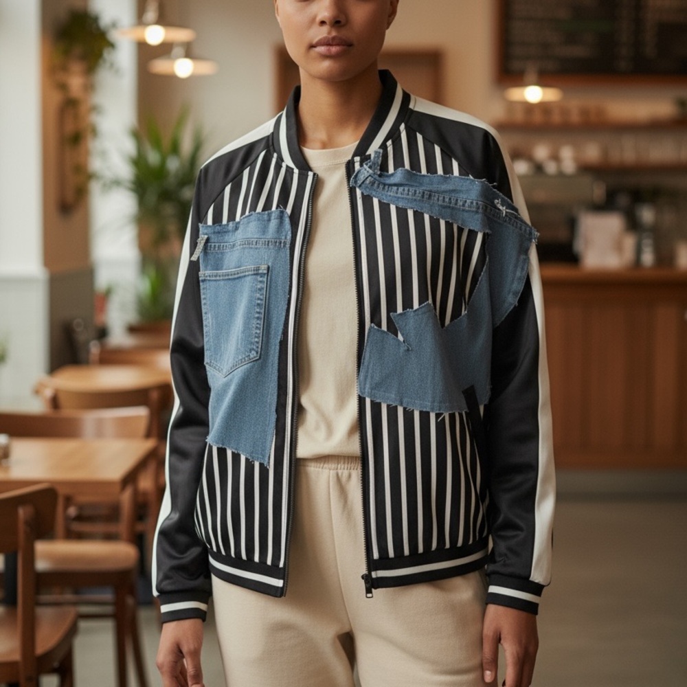 Striped Black And Denim Patch Jacket - image 2